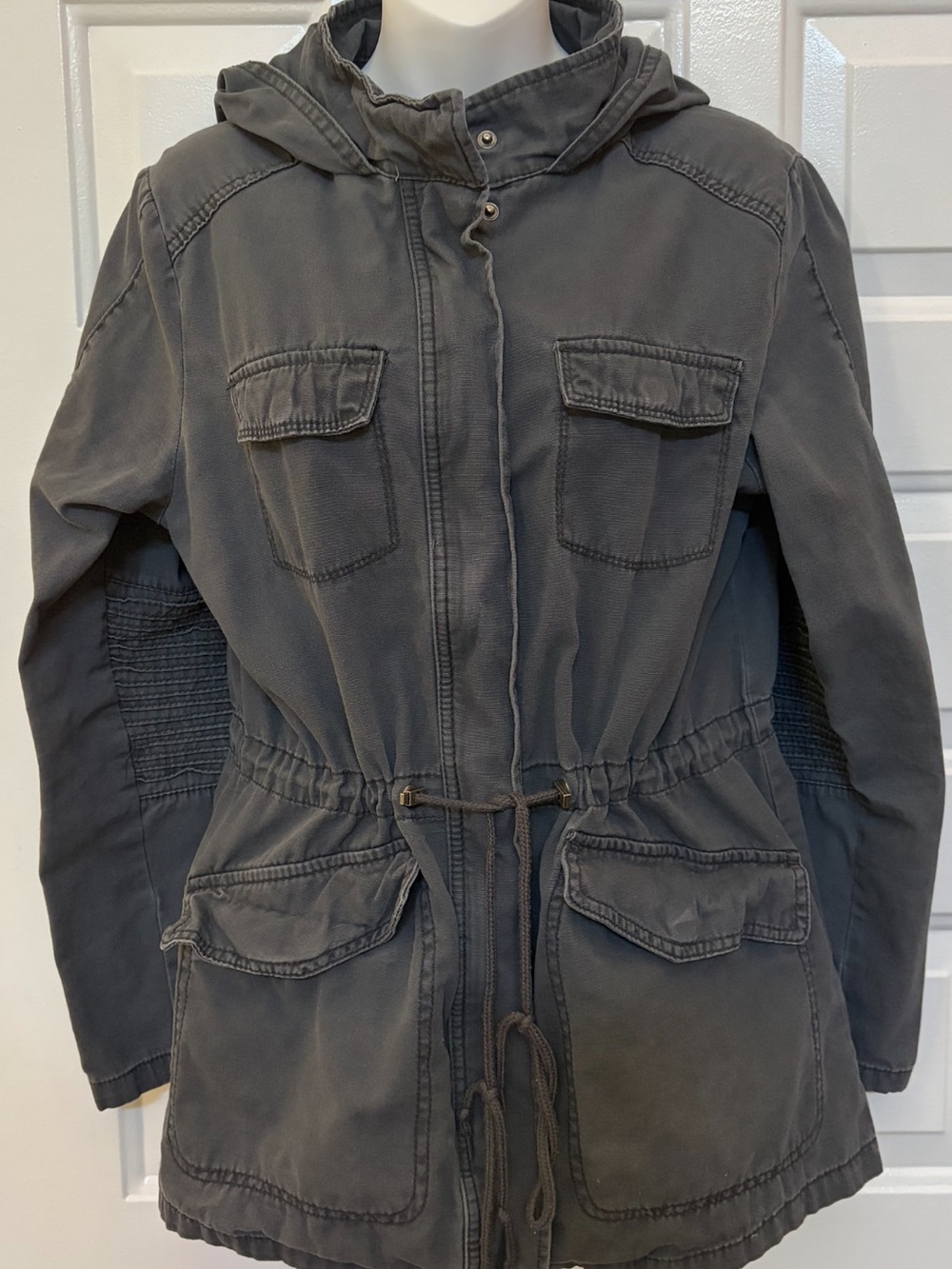 A New Day Hooded Utility Jacket Zip Front Drawstring Waist Pockets Washed Gray M